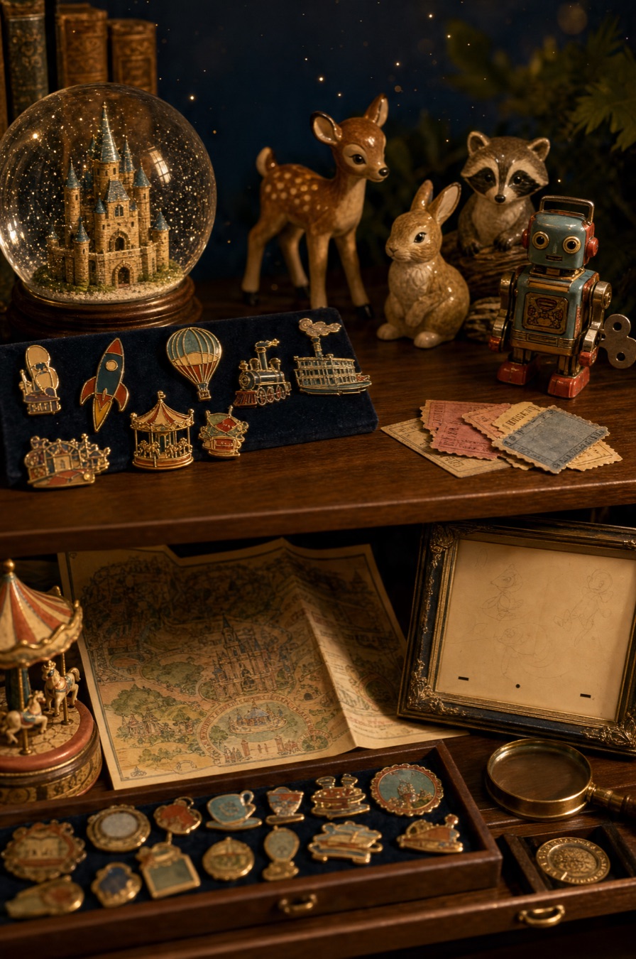 A warm display of vintage Disney-era collectibles — a snow globe, enamel pins, ceramic figurines and a tin toy on a walnut shelf